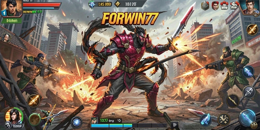Tangkapan layar gameplay FORWIN77 menampilkan pertarungan yang mendebarkan.