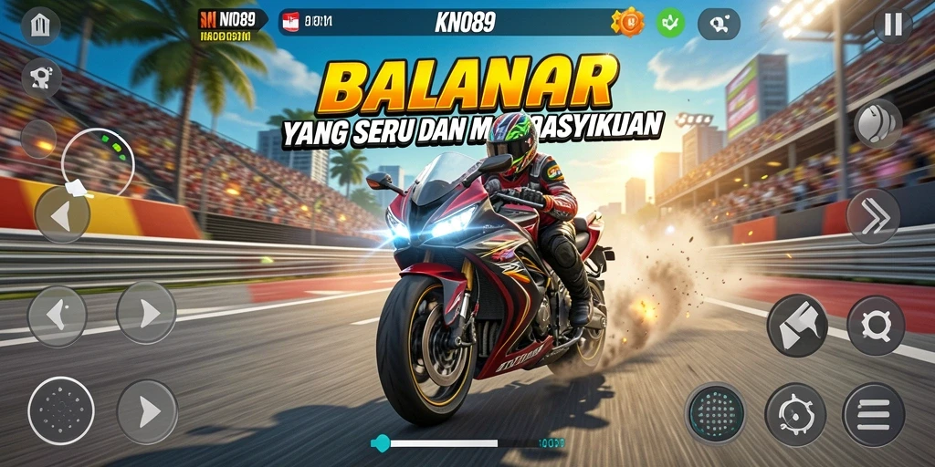 Screenshot menunjukkan aksi balapan seru dalam KNO89.