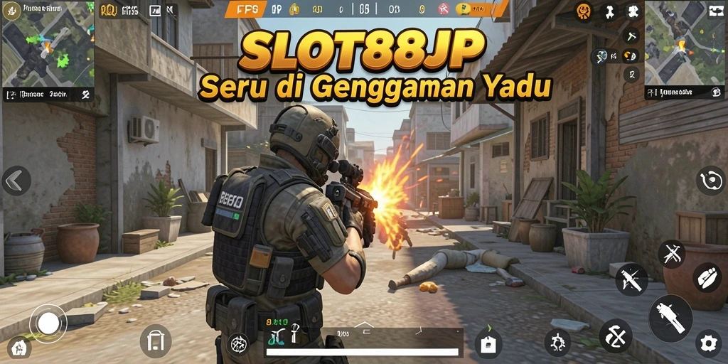 Screenshot utama SLOT88JP menampilkan aksi tembak-menembak seru di medan perang.